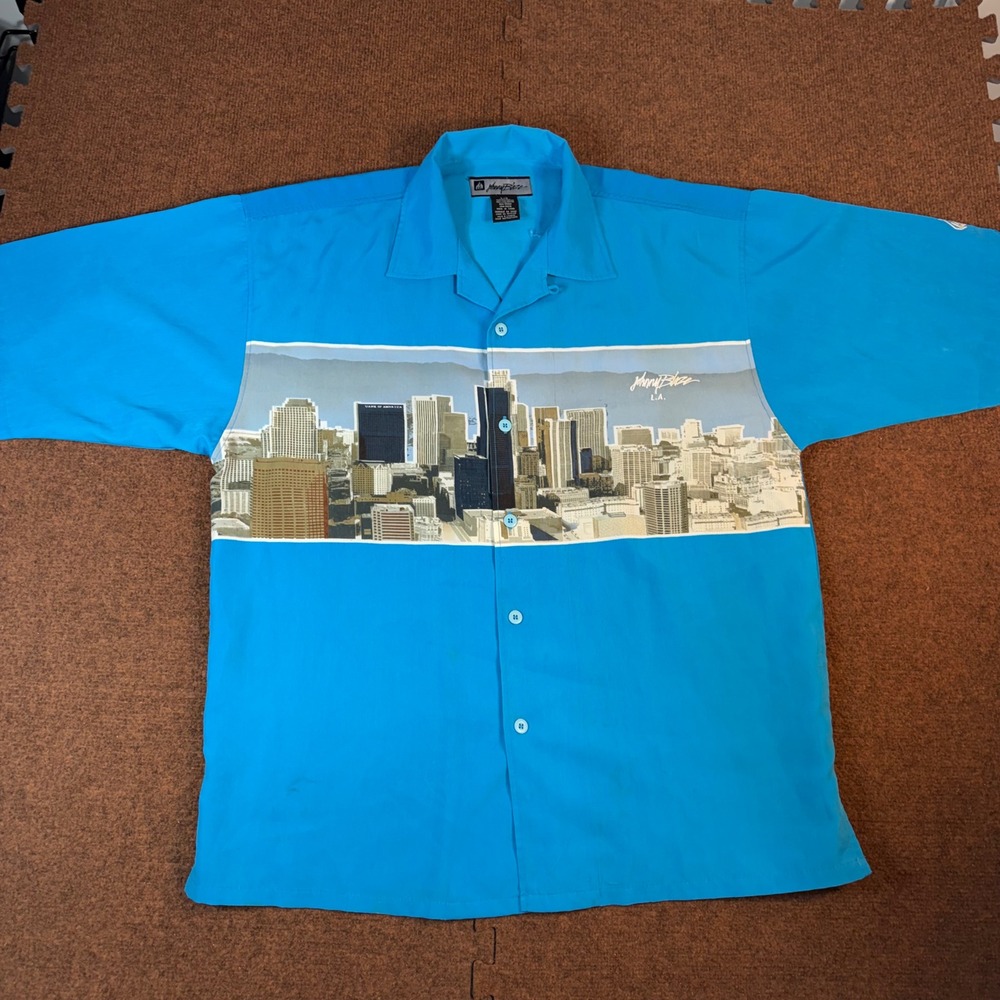 Johnny Blaze L.A. Skyline Shirt Mens Large Blue Cityscape Graphic Y2K Streetwear